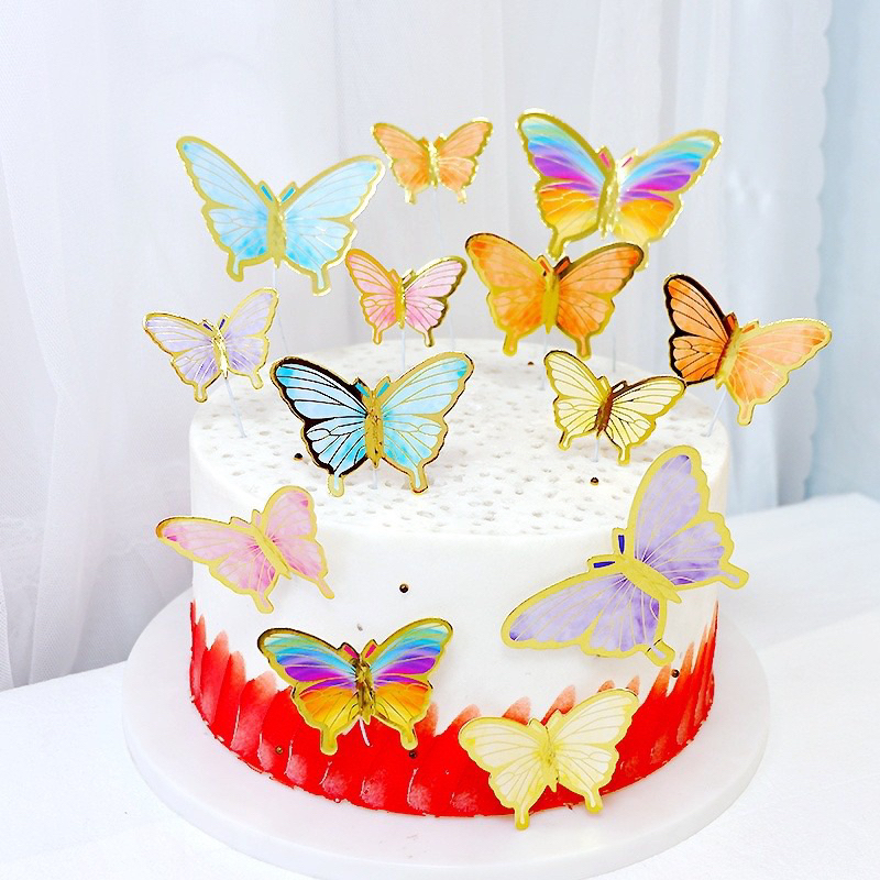 Cake topper kupu kupu isi 10 pc / potongan toper butterfly butterflies pink rainbow gold / sisipan d