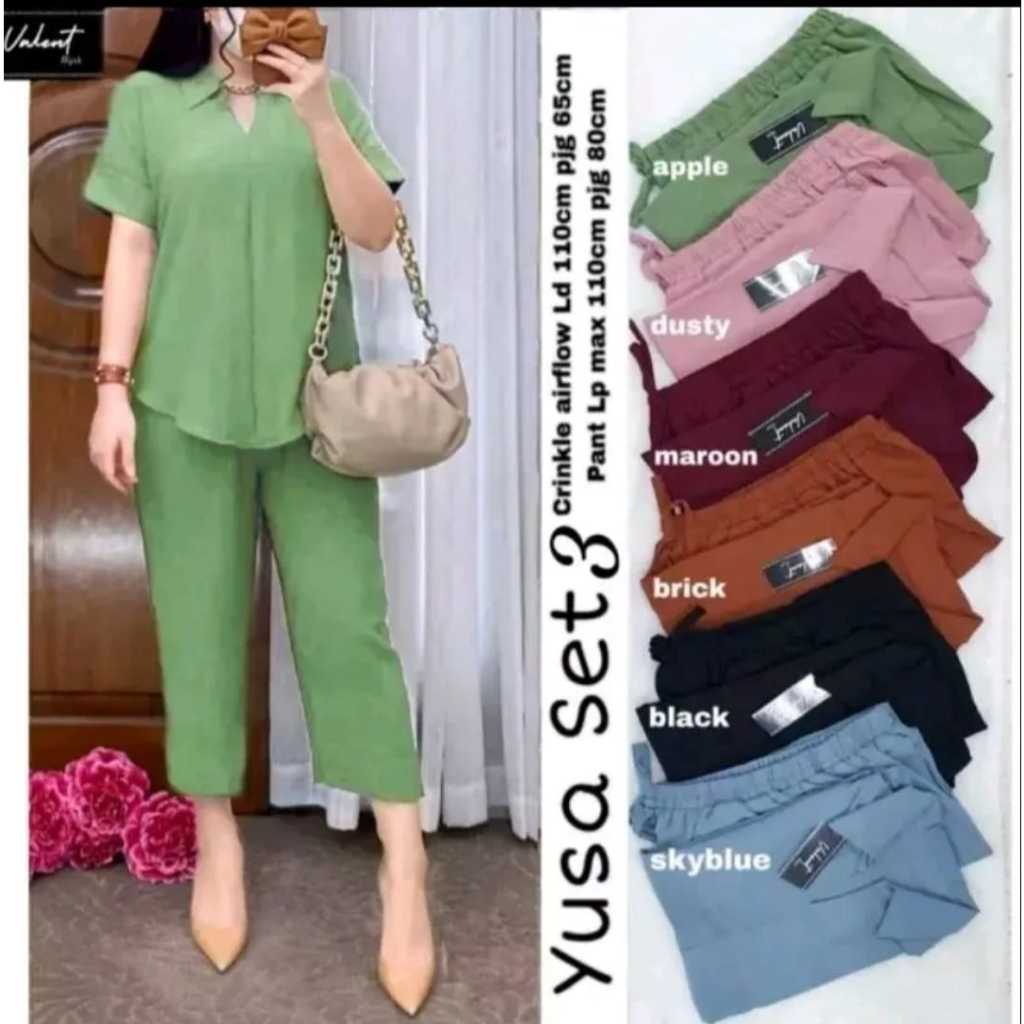 PROMO.....One Set Yusa Crinkle Airflow Lengan Pendek/Set Crinkle Jumbo