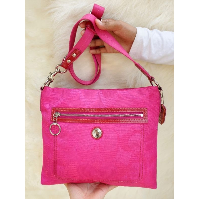Tas Coach Pink Selempang Wanita Kanvas Mix Kulit Asli
