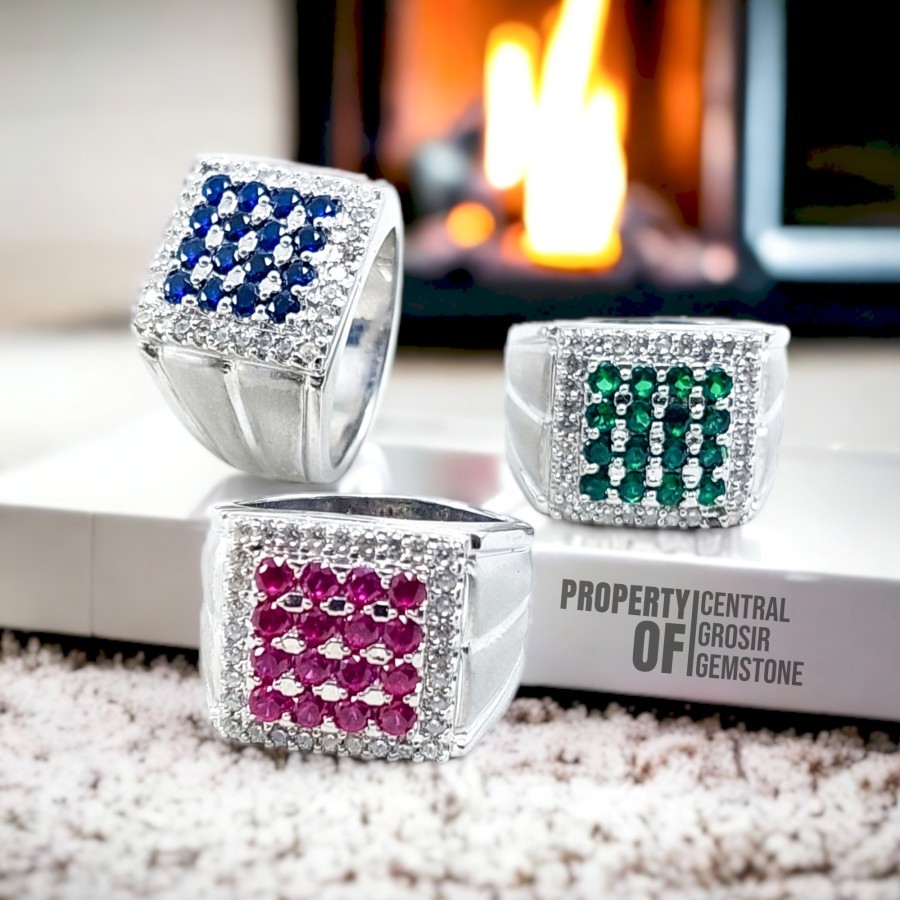 Cincin Pria Perak Asli Batu Permata Sintetis Ring Stempel Cowok Keren