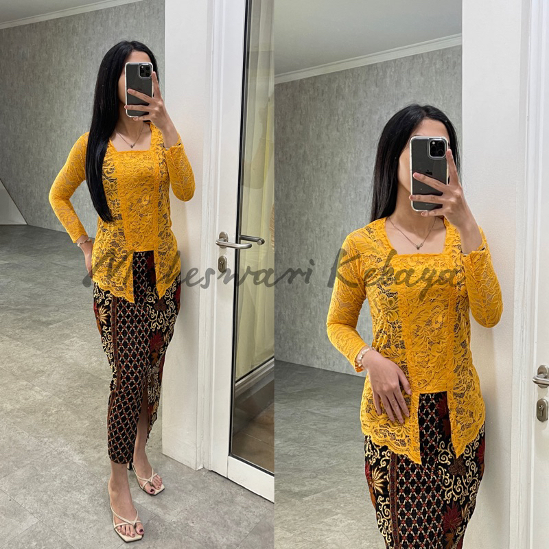 Kebaya Bali Set Brukat Panjang Mustard Rok Kuning
