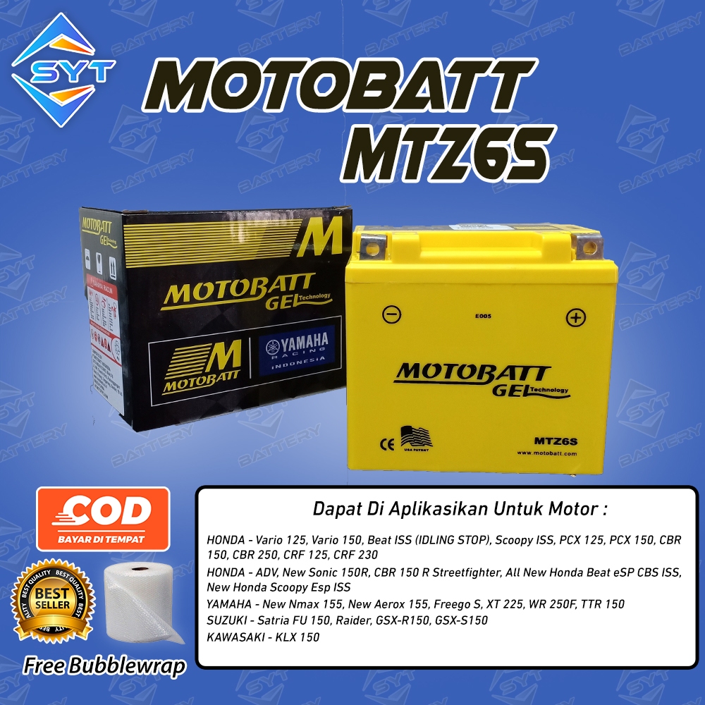 Aki Motor New Nmax 155, Aerox 155 Connected, Nmax 155 ABS Motobatt MTZ6S Aki Kering Gel