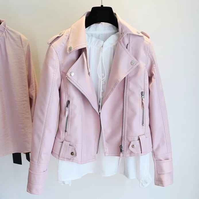 Jaket Kulit Wanita Crop Pink