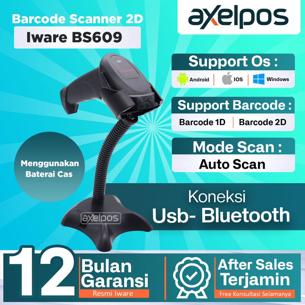 Axelpos Barcode Scanner Usb Bluetooth 2D Auto Scan Iware BS608