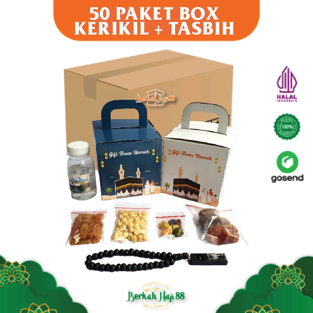 

Paket Oleh Oleh Haji dan Umroh dus Box + Coklat Kerikil + Tasbih Kayu per 50 pcs
