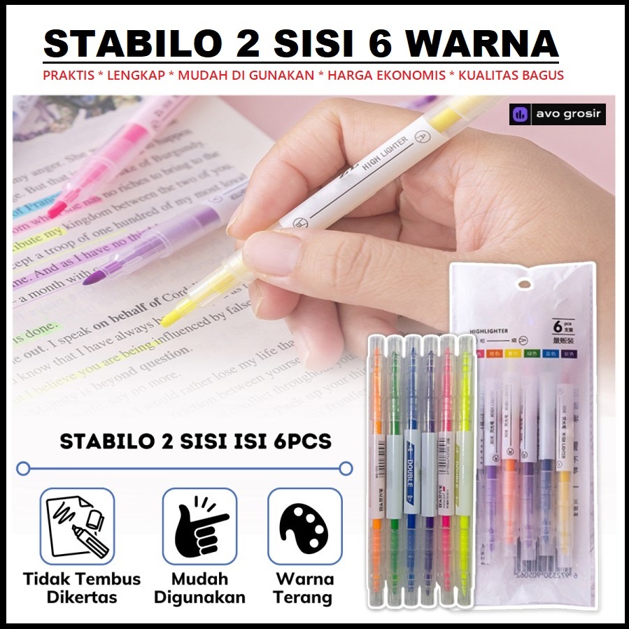 

Stabilo 6 warna x 2 side Terang Highlighter Multicolor