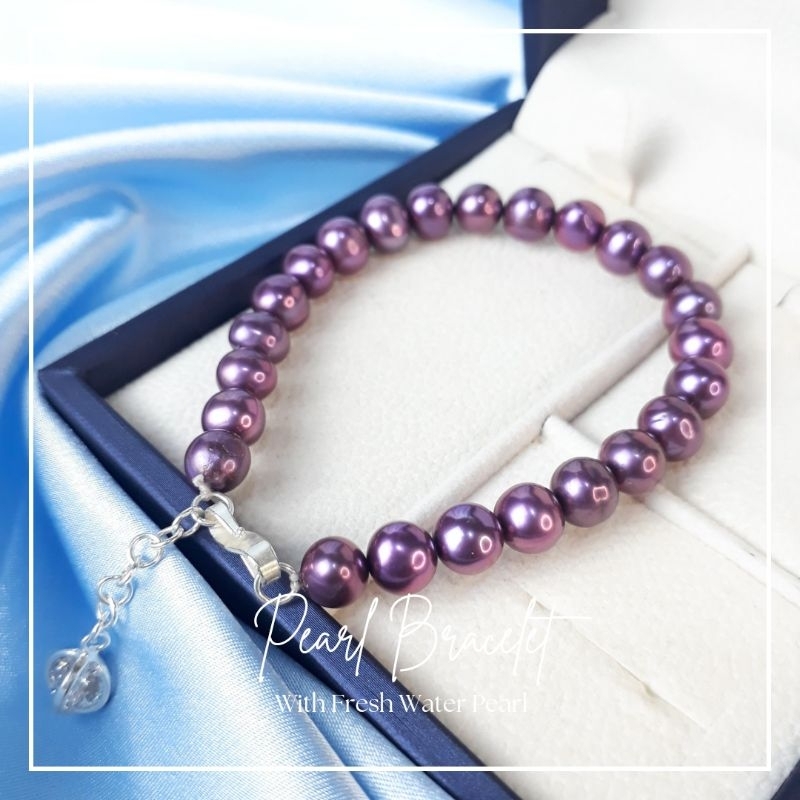 Gelang Full Mutiara Air Tawar Kualitas Super Warna Ungu Rangka Perak