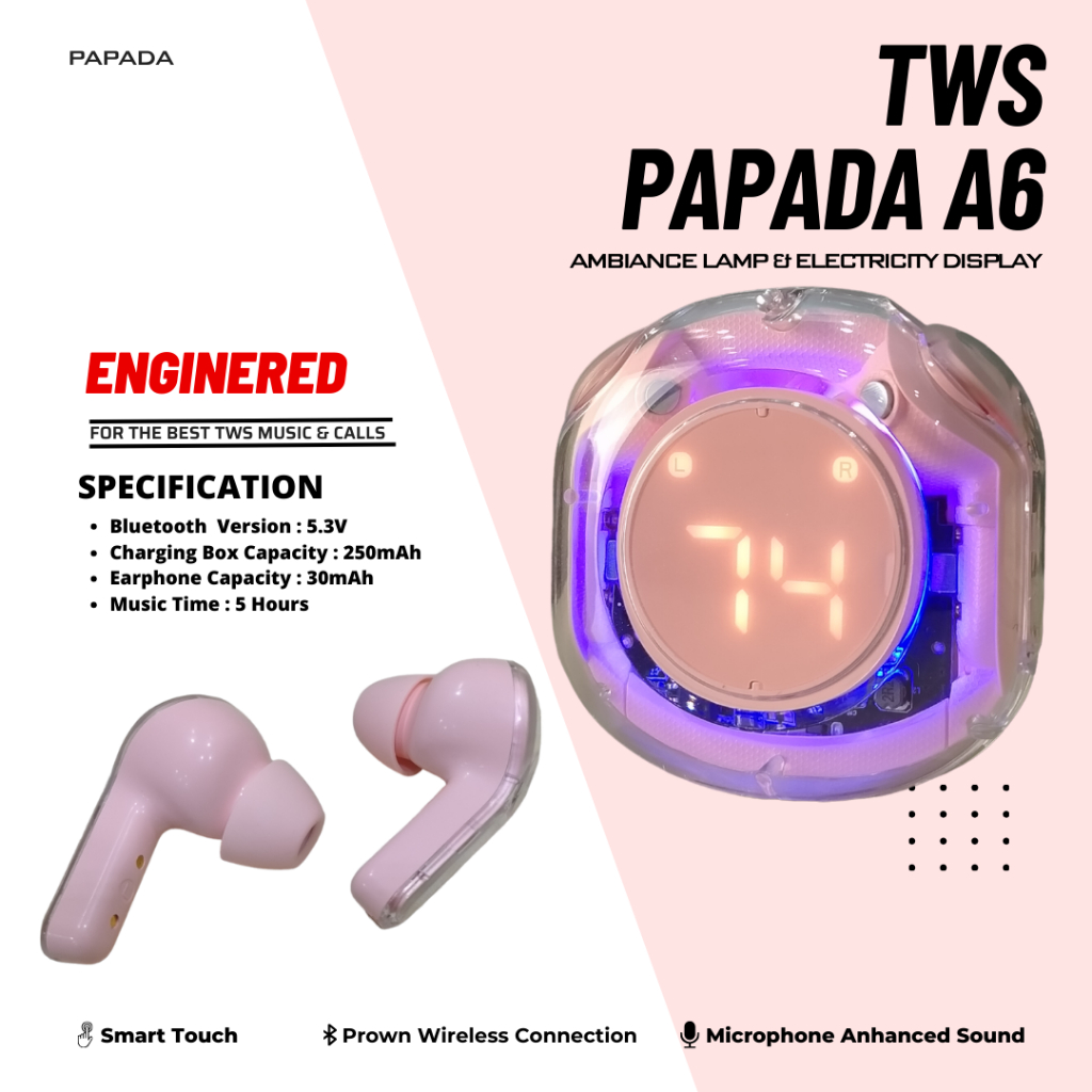 Tws Papada A6 With Ambiance Lamp & Electronic Display Headset Bluetooth Handsfree Bluetooth Wireless