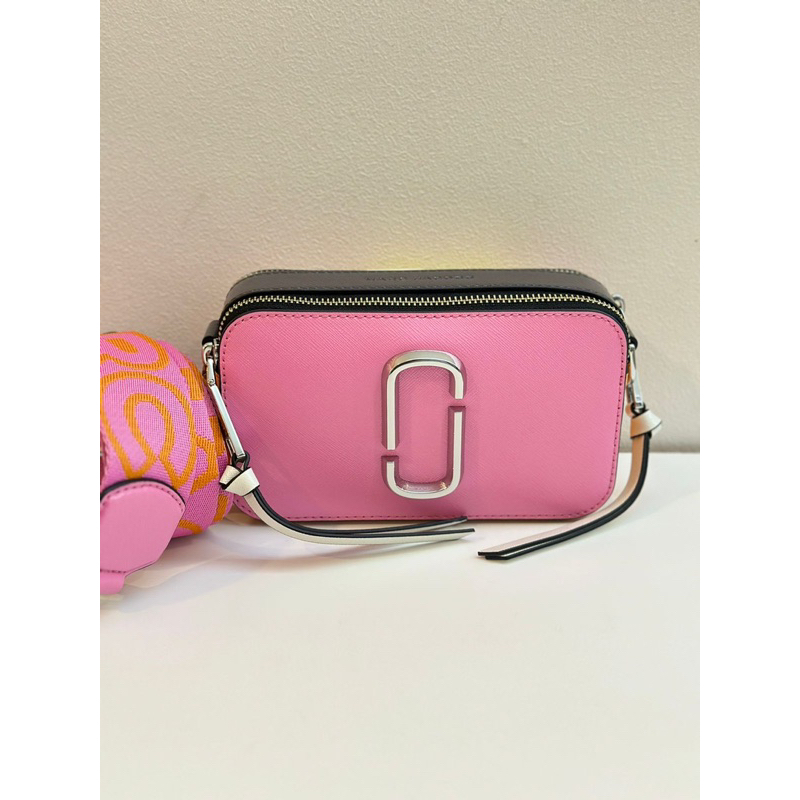 MARC JACOBS Small The Snapshot Camera Bag in Candy Pink Multi with Logo Webbing Strap