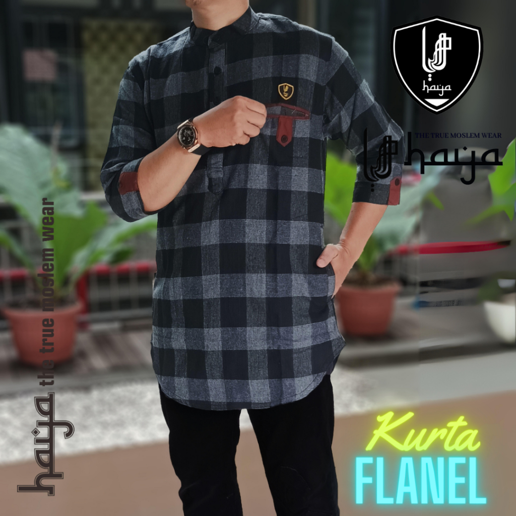 Koko Kurta Flanel Haya Baju Pakistan Busana Muslim Pria Remaja Baju Cowok Dewasa Motif Kotak-kotak L