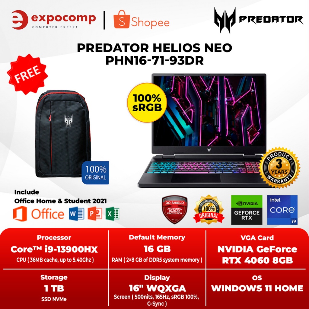 ACER PREDATOR HELIOS NEO PHN16-71-93DR CORE i9-13900HX RTX4050 16GB 1TB W11+OHS