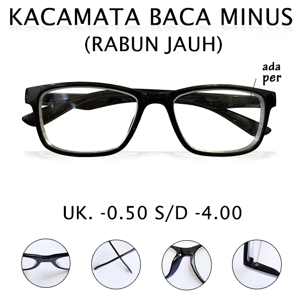 Kacamata Minus (-) Frame Kotak Pria Wanita Hitam Lensa Transparan Unisex Kacamata Minus Rabun Jauh V