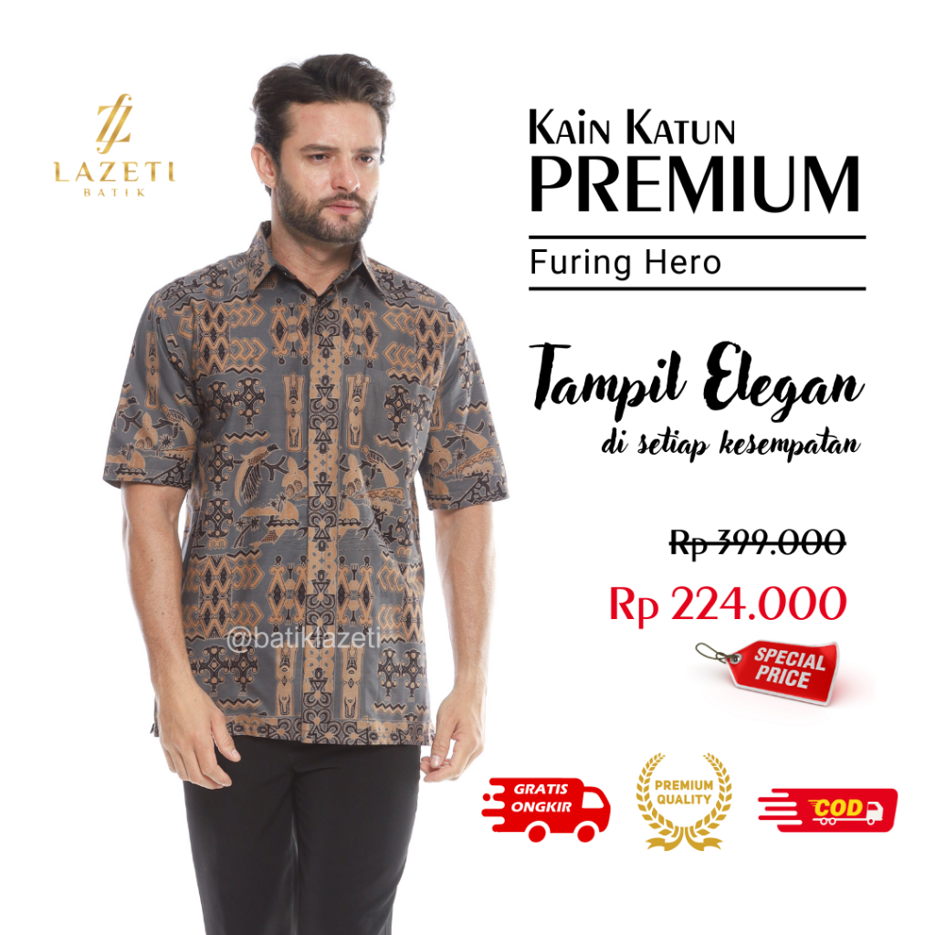 BATIK LAZETI Hem Atasan Kemeja Baju Batik Pria Furing Hero Motif Papua Abu