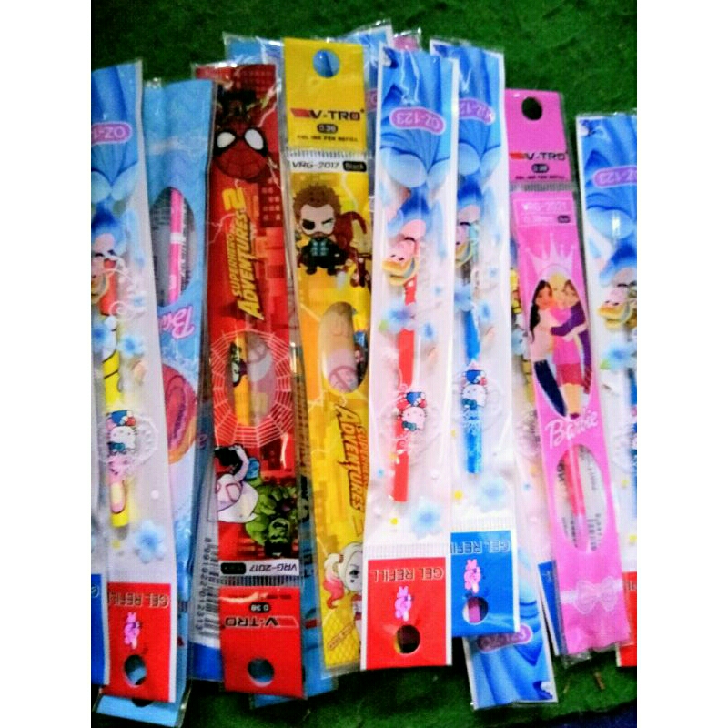 

Refill pulpen gel motif isi pulpen gel motif cowok cewek barbie avenger bt21 frozen hello kitty spiderman