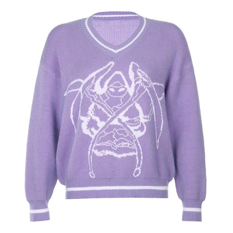vintage skull sweater rajut fashion v-neck lengan panjang y2k