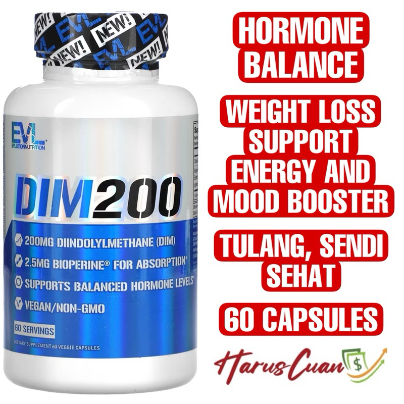 EVL DIM 200 mg 60 Veggie Capsules Vegan Diindolylmethane Balanced Hormone Keseimbangan Energy Mood B