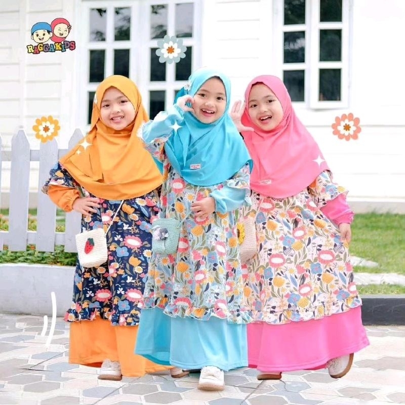Gamis anak set jilbab  Rangga kids ori  free tas cantik balita paud TK SD nyaman  lembut dingin meny