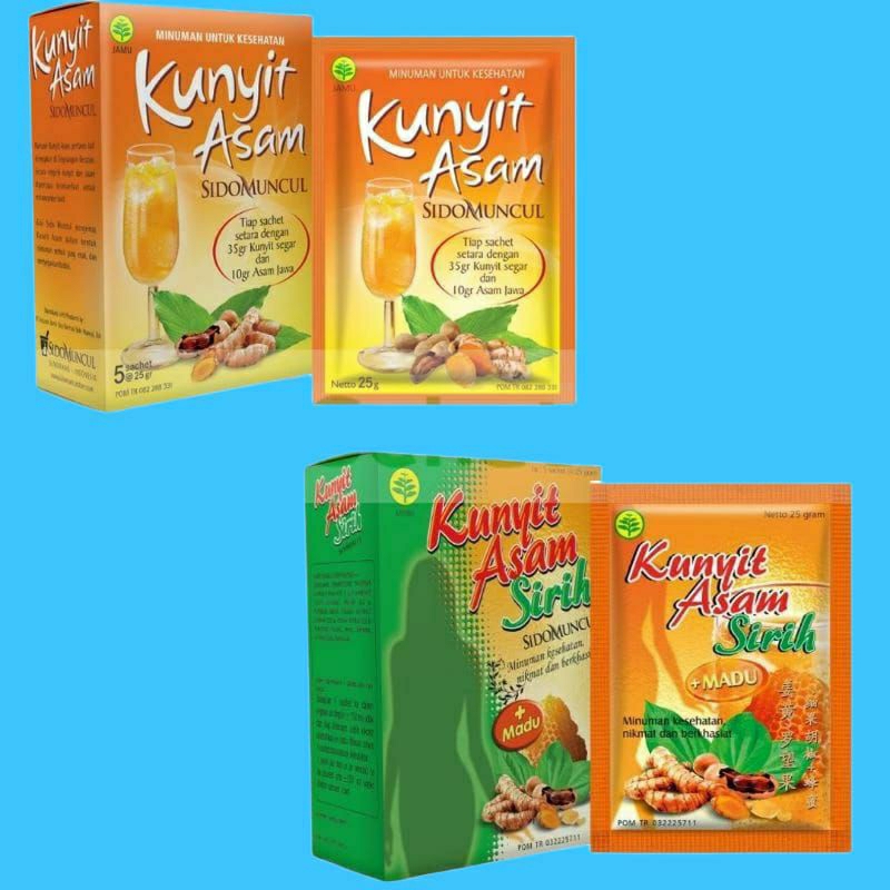 

Kunyit Asam- Kunyit Asam Sirih Sidomuncul 1 Box Isi 5 Sachet