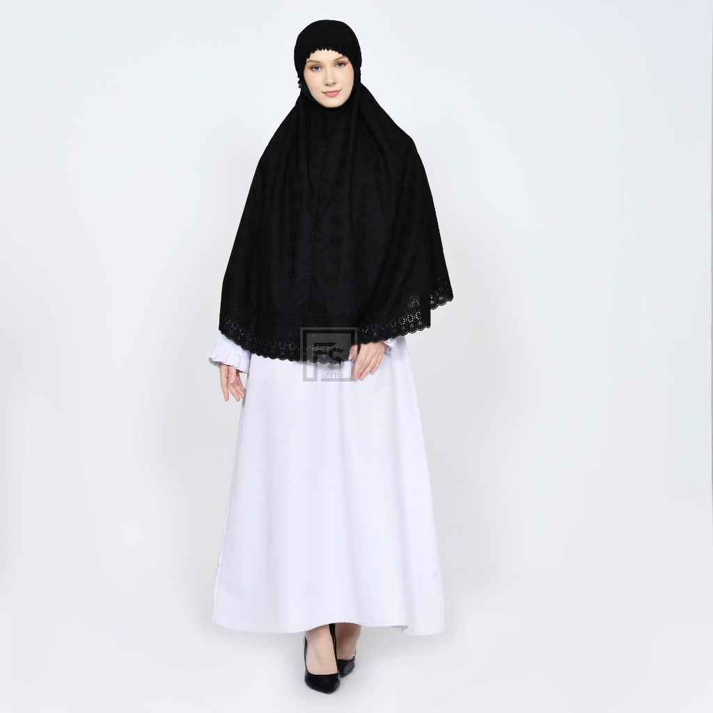 Bergo Putih Hitam Umroh Dan Hajah Katun Jepang motif bordier Hinddun