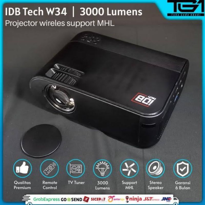 Detail produk￼IDBTECH W34 Tv Tuner 720P MINI projector FHD/1280x720P 3000 Lumens 3D