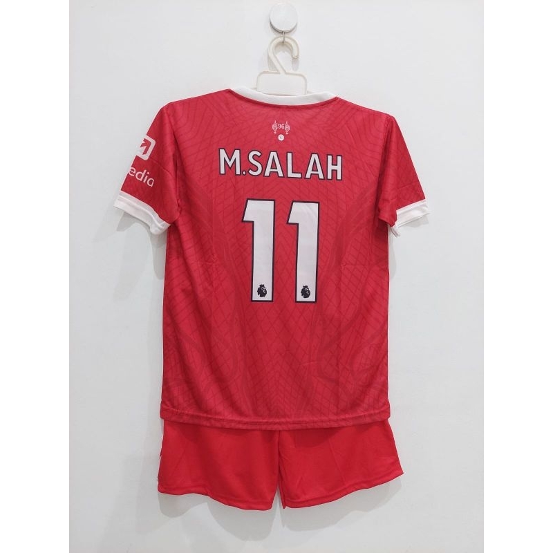 Jersey bola anak Liverpool home 2023-2024 M.Salah printing logo bordir setelan baju bola anak Liverpool home M salah