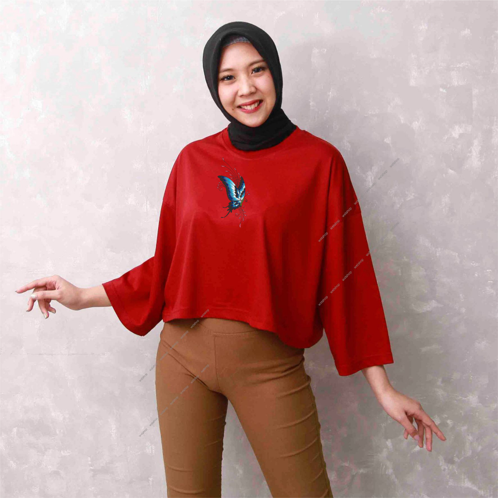 KAOS CROP kupu kupu TOP BASIC WANITA OVERSIZE TEE LUCU