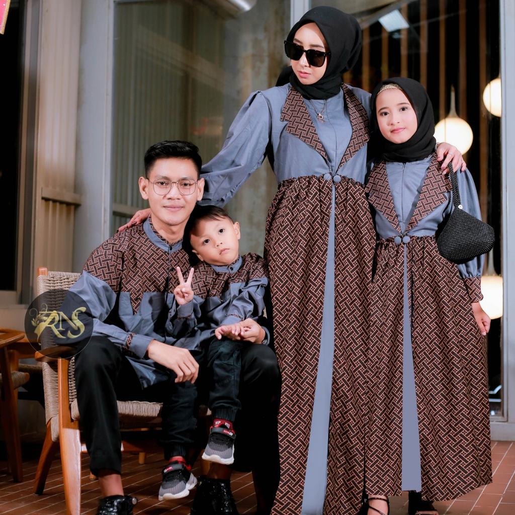 BAJU KOKO GAMIS COUPLE KELUARGA MARINA RAYA SERIES BAHAN TOYOBO WARNA ABU baju batik Terbaru Muslim Wanita