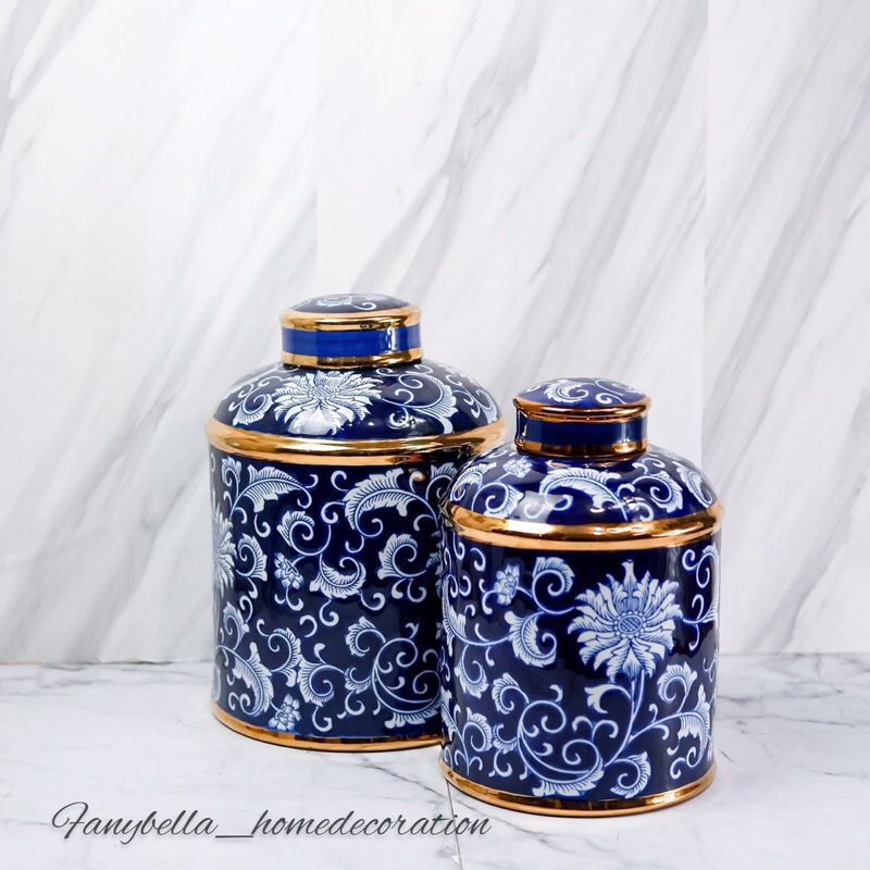 Guci Toples Keramik China Tochin Biru Putih Import Guci Porselen Dekorasi Rumah FANYBELLA