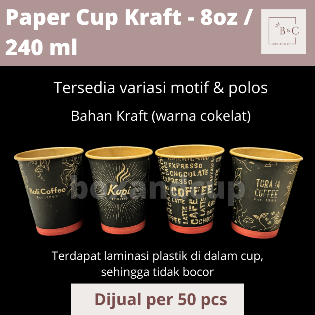Paper Cup / Gelas Kertas Panas Kraft / Craft Polos & Motif dan Tutup Murah / Kopi Coffee / Teh Tea /