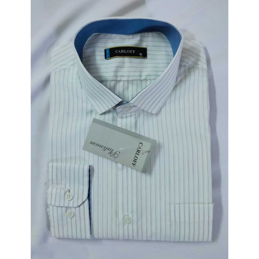 CARLOFF Pakaian Pria Hem Baju Kemeja Lengan Panjang Garis 4004P Dasar Putih Tulang Garis Biru