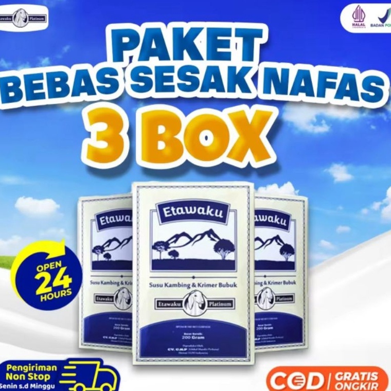 

D!ju4l Murah PAKET 3 BOX ETAWAKU PLATINUM - Susu Kambing Etawa Provit Solusi Atasi Masalah Gangguan Pernapasan / Asma / Lutut Sakit Tulang Sakit Nyeri Sendi Tulang Keropos Osteoporosis Nafas Napas Lega Minuman Termurah Terlaris Terampuh [248]