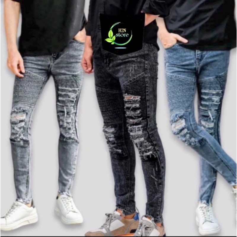 Celana Jeans Panjang Pria Sobek Bikers - Celana Jeans Pria Bikers Skinny Ripped