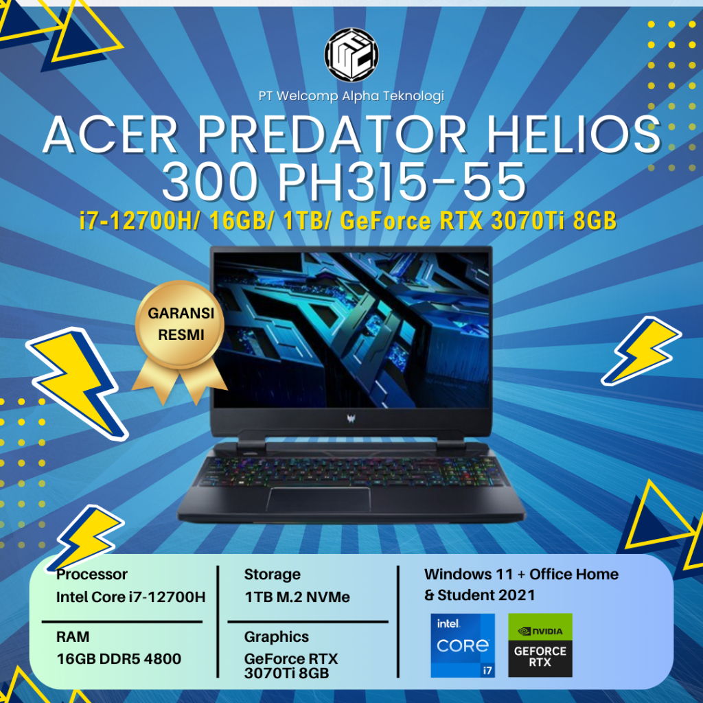 Laptop Gaming Acer Predator Helios 300 PH315-55 i7-12700H/ 16GB/ 1TB/ RTX3070Ti 8GB W11