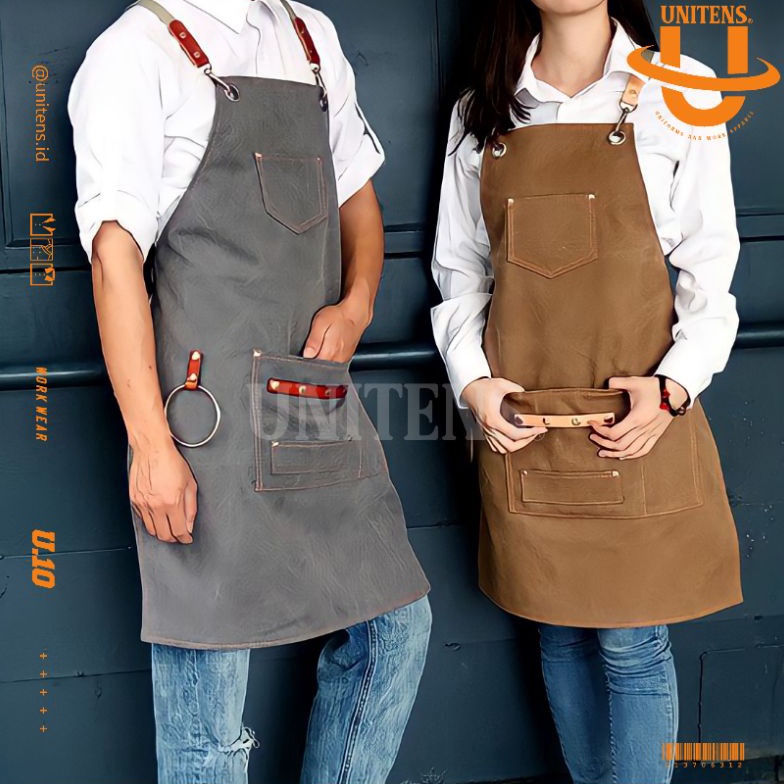 Jajanan THR.. UNITENS ACL.V1 Canvas Leather Apron Celemek Kanvas Barista Waiter Korea Wanita Pria Ki