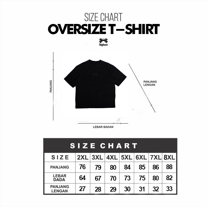 HIGHEST Kaos Oversize Lengan Pendek Pria Wanita Ukuran Big Size Jumbo Bahan Katun 30s Warna Hitam Sablon Plascharge 2XL 3XL 4XL 5XL 6XL 7XL 8X Highestworld HG316