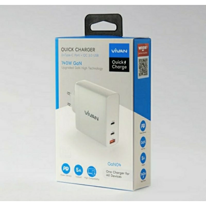 Batok Kepala Charger Vivan 140W 5A Quick Charge 3 Port GAN04