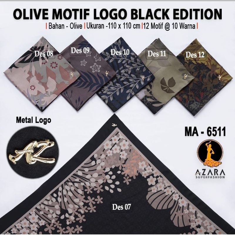 Jilbab Segi empat black edition olive motif by Azara