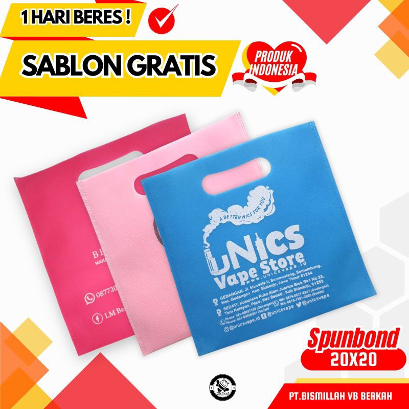 

READY GOODIE BAG CUSTOM SABLON FREE NAMA PROSES CEPAT HARGA GROSIR TERMURAH TAS SPUNBOND MODEL OVAL PRES KOTAK SEHARI JADI FOP 20.20