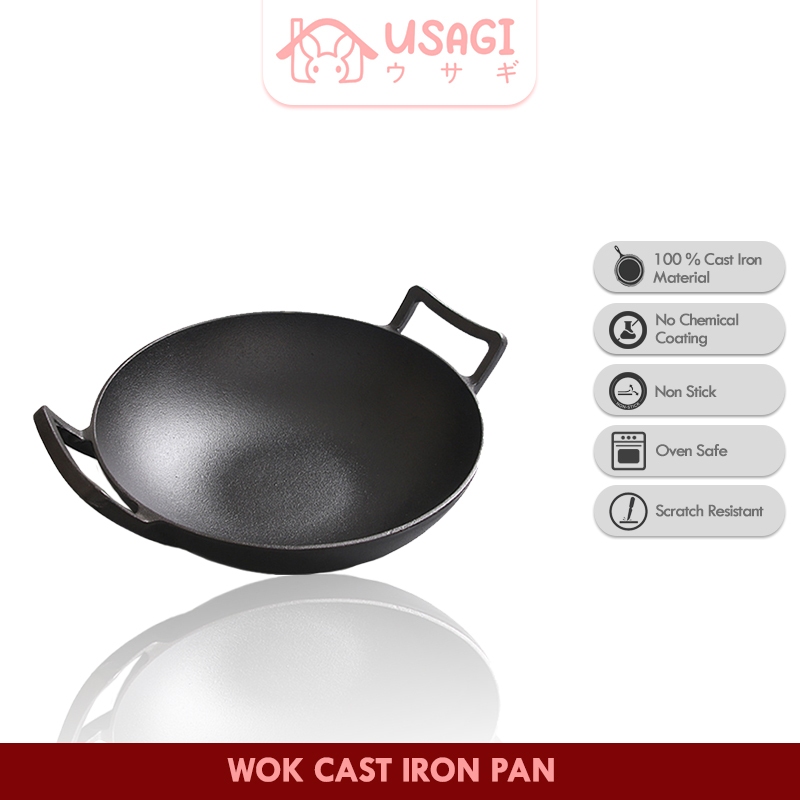 Usagi Cast Iron Wok Pan / Waingapu Wok 32 CM / Wajan Besi Cor / Premium Cast Iron Wok Kitchenware / 