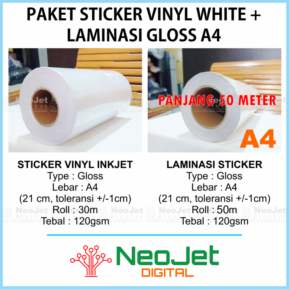

Paket Sticker Vinyl Inkjet White Glossy + Laminasi Dingin Glossy 120 gsm A4