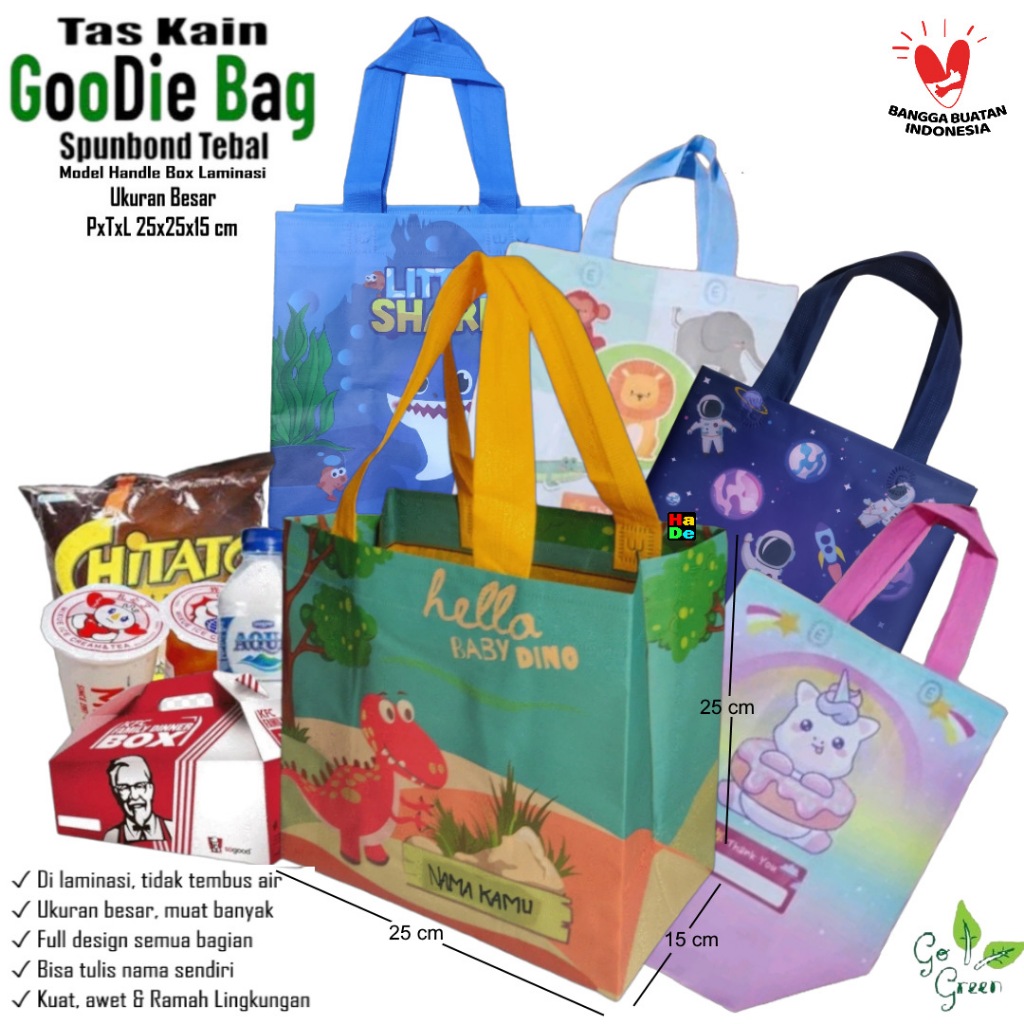 

Tas Kain Spunbond Goodie Bag Laminasi Anti Air Motif karakter sablon Dinosaurus Ukuran Besar 25x25x15 cm Untuk Bingkisan Snack Ulang tahun anak perempuan laki laki, Goodybag Nasi Kotak Hampers Ultah Paper bag Souvenir Tasyakuran Khitanan / Bekal Santunan