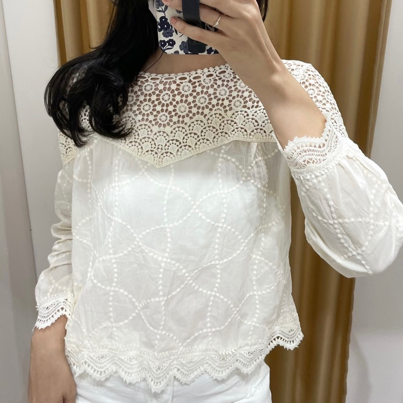 [Noona Butik] Lisa Top - Crochet Lace Katun bolong Blouse wanita renda brukat bordir