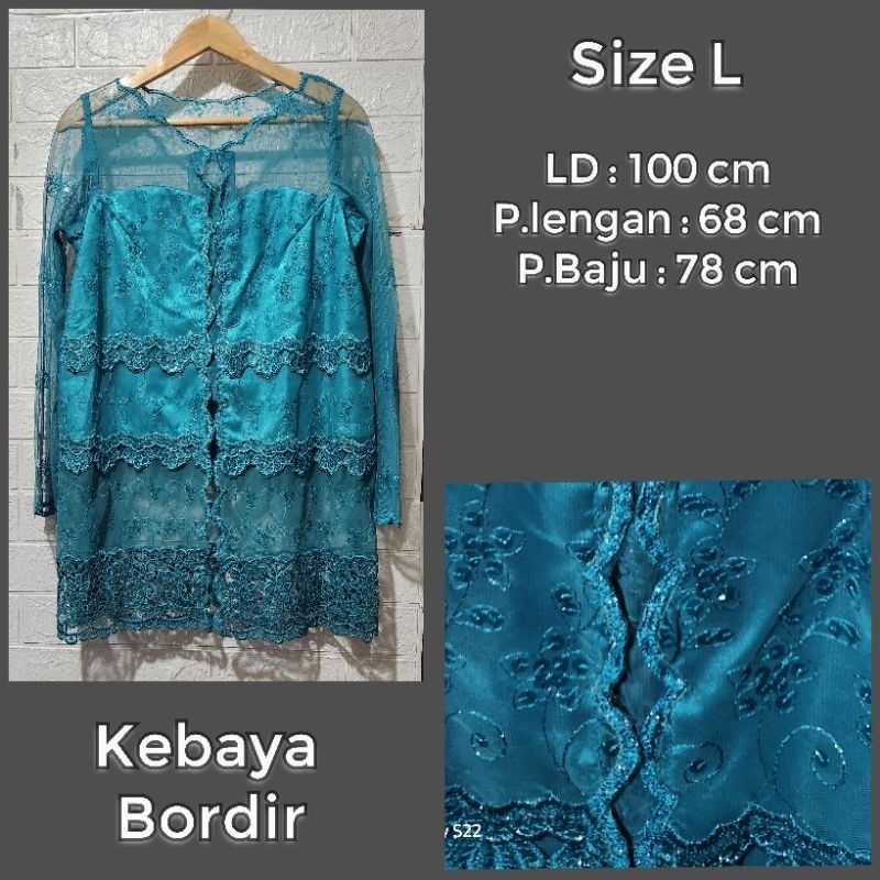 Preloved, Kebaya Brukat Bordir Bunga -Biru Tosca Tua