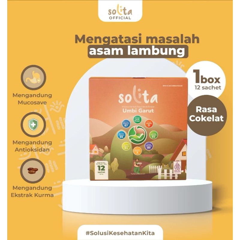 

SOLITA/by puspa dewi/Original/umbi Garut/asam lambung/Rasa Coklat/isi 6sachet & 12sachet