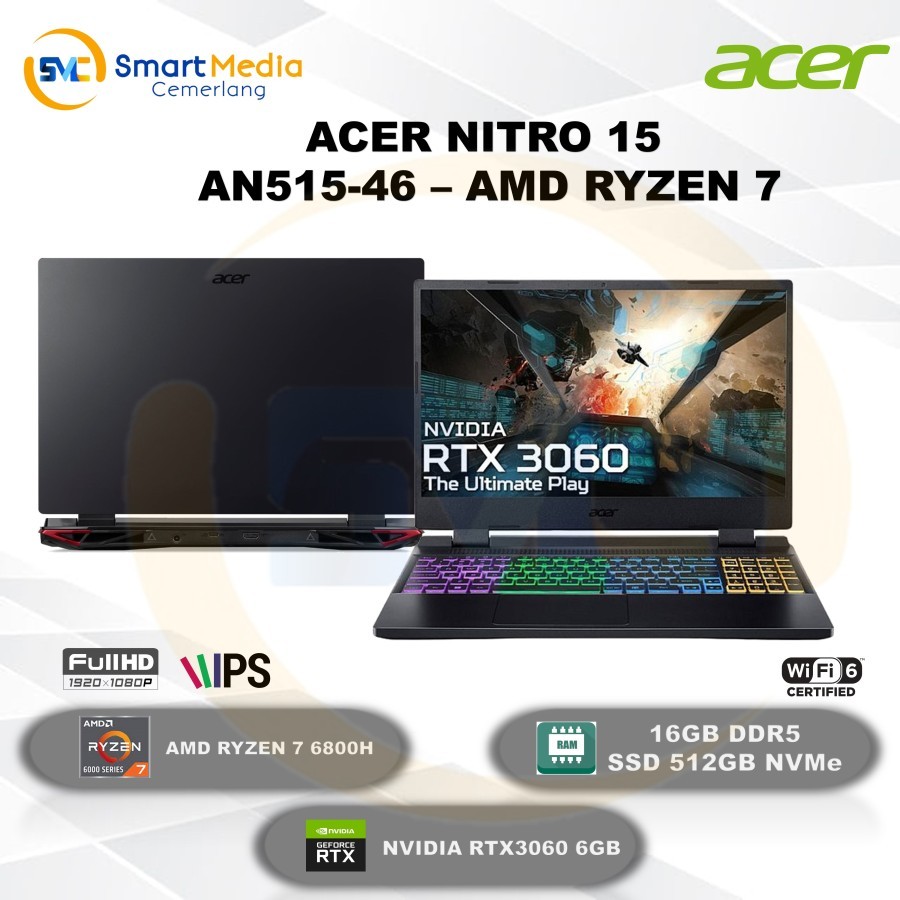 ACER NITRO 5 AN515-46 - RYZEN 7-6800H - 16GB - 512GB - RTX3060 6GB - 16&quot;FHD - W11 - OFFICE