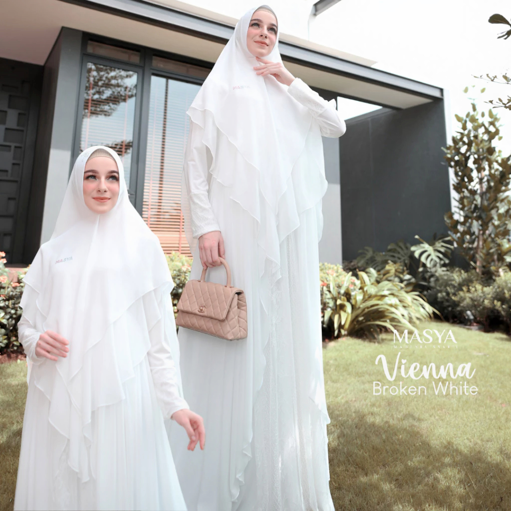 Set Gamis Dress Busui Friendly Ceruty Babydoll Premium Syari Branded Warna Putih Tulang - Broken Whi
