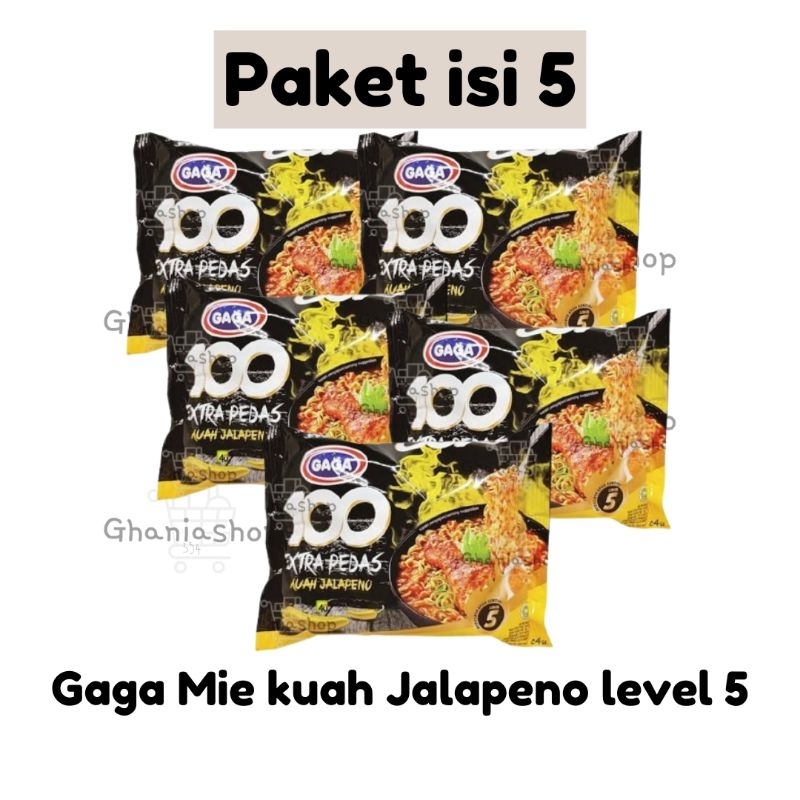 

Paket isi 5 MIE GAGA KUAH JALAPENO EXTRA PEDAS LEVEL 5 FREE BUBBLEWRAP