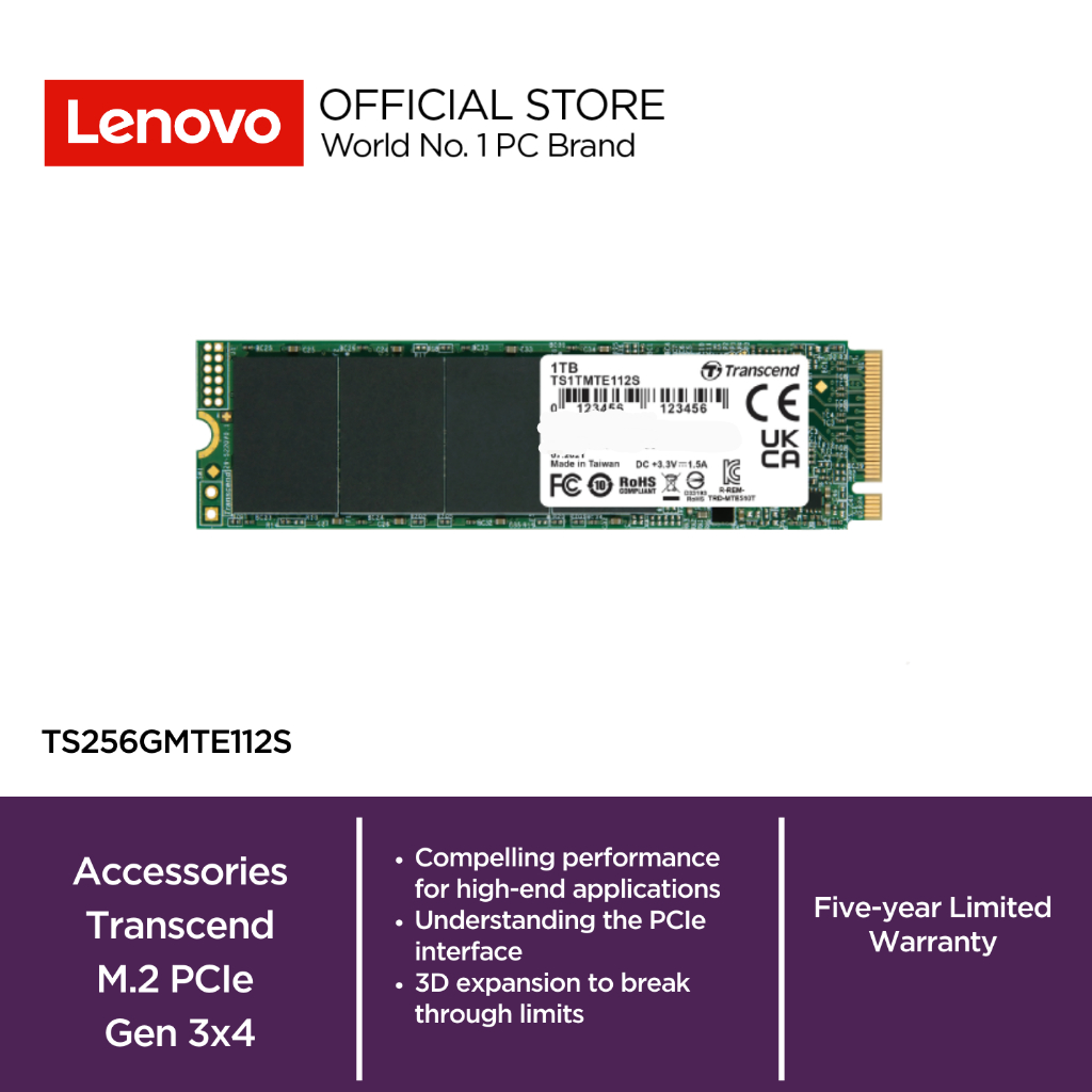 Transcend Storage 256GB SSD M.2 2280 PCIe Gen3 x4 Single Side 3D TLC Sequential Read/Write 1,600/1,1