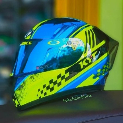 HELM KYT R10 YELLOW BLUE PAKET GANTENG SERI 4 VISOR BLUE