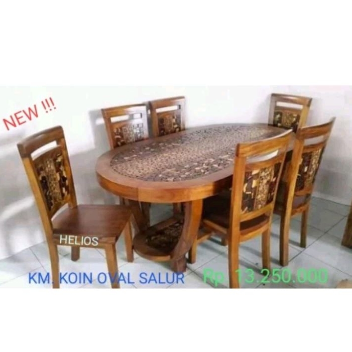 Set Meja Makan Jati Jepara Koin Oval Salur + 6 Kursi Makan